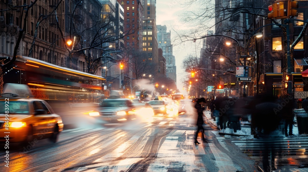 Obraz premium Dynamic urban winter scene lively streets in motion at vibrant sunset in a bustling city