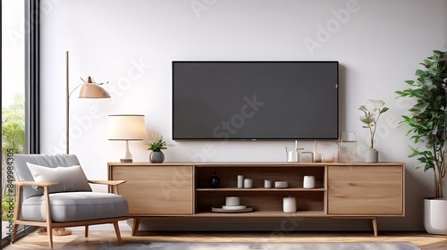 Modern Living Room Mock-Up with TV Cabinet and Decor photo