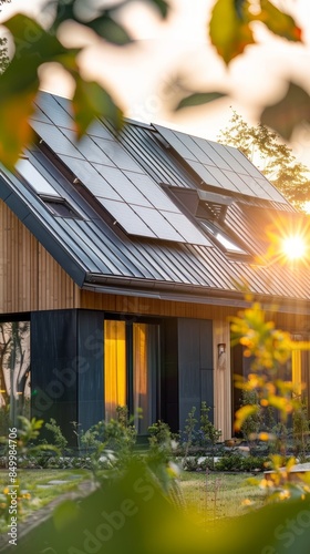 Wallpaper Mural Close-up of new suburban house with a photovoltaic system on the roof. Modern eco friendly passive house with solar panels on the gable roof, with sunlight in the morning vibes.  Eco friendly concept Torontodigital.ca