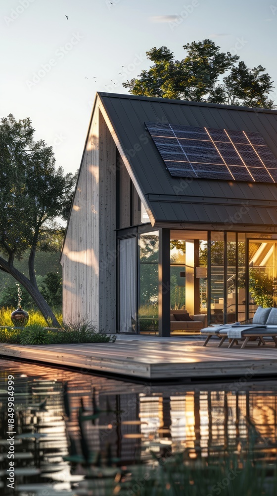 Close-up of new suburban house with a photovoltaic system on the roof. Modern eco friendly passive house with solar panels on the gable roof, with sunlight in the morning vibes.  Eco friendly concept