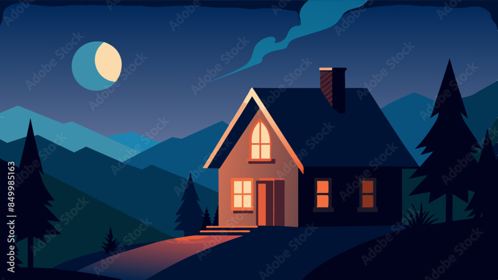A tranquil night landscape showing a house under a star-filled sky with a luminous moon. A tranquil night landscape showing a house under a star-filled sky with a luminous moon.