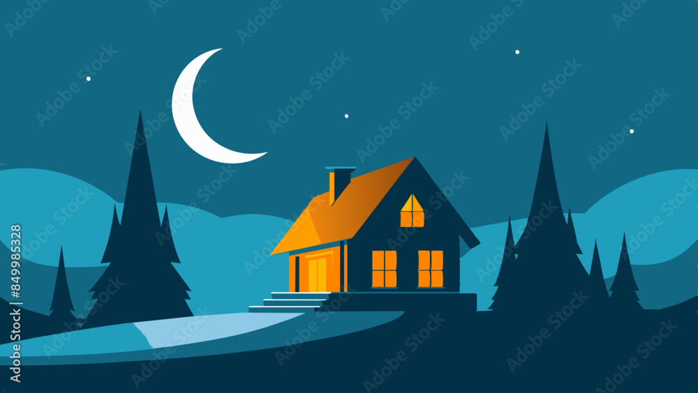 An enchanting nighttime view of a house surrounded by twinkling stars and a glowing moon. An enchanting nighttime view of a house surrounded by twinkling stars and a glowing moon.