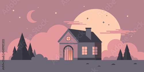 An enchanting nighttime view of a house surrounded by twinkling stars and a glowing moon.