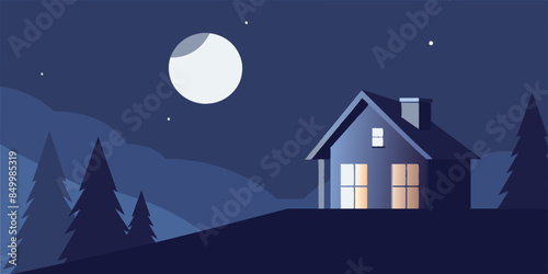 An enchanting nighttime view of a house surrounded by twinkling stars and a glowing moon.