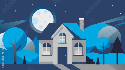 An enchanting nighttime view of a house surrounded by twinkling stars and a glowing moon.