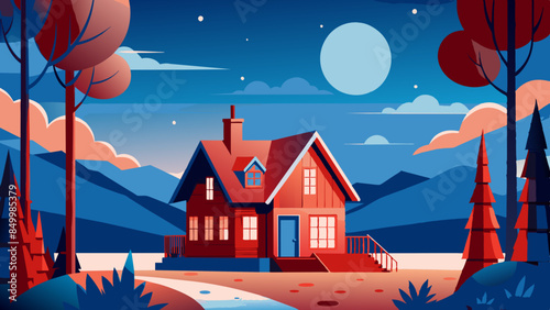 An enchanting nighttime view of a house surrounded by twinkling stars and a glowing moon.