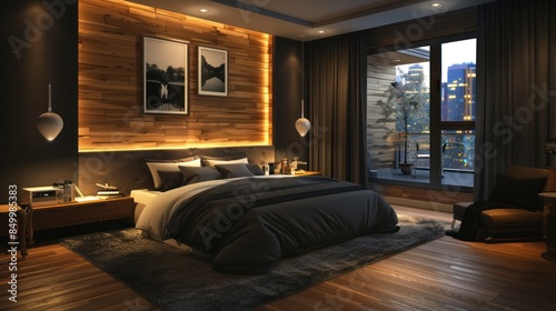 Modern Bedroom with City View at Night