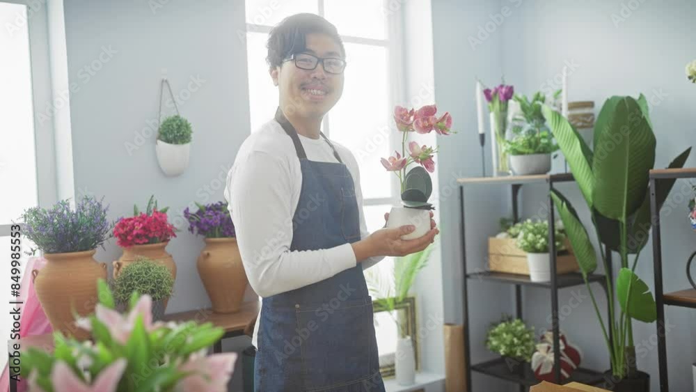 A smiling asian man holding an orchid in an apron at a well-lit flower shop.