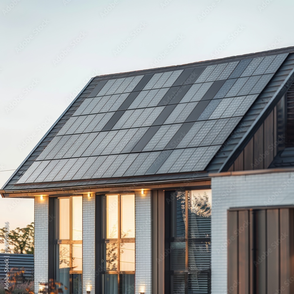 Close-up of new suburban house with a photovoltaic system on the roof. Modern eco friendly passive house with solar panels on the gable roof, with sunlight in the morning vibes. Eco friendly concept Close-up of new suburban house with a photovoltaic system on the roof. Modern eco friendly passive house with solar panels on the gable roof, with sunlight in the morning vibes. Eco friendly concept