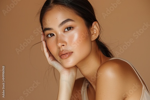A beautiful Asian woman with her hand touching the side of her face, wearing a light beige sleeveless top, posing for a beauty commercial in a studio setting against a brown background