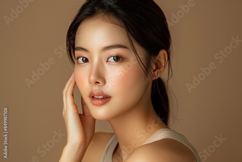 A beautiful Asian woman with her hand touching the side of her face, wearing a light beige sleeveless top, posing for a beauty commercial in a studio setting against a brown background