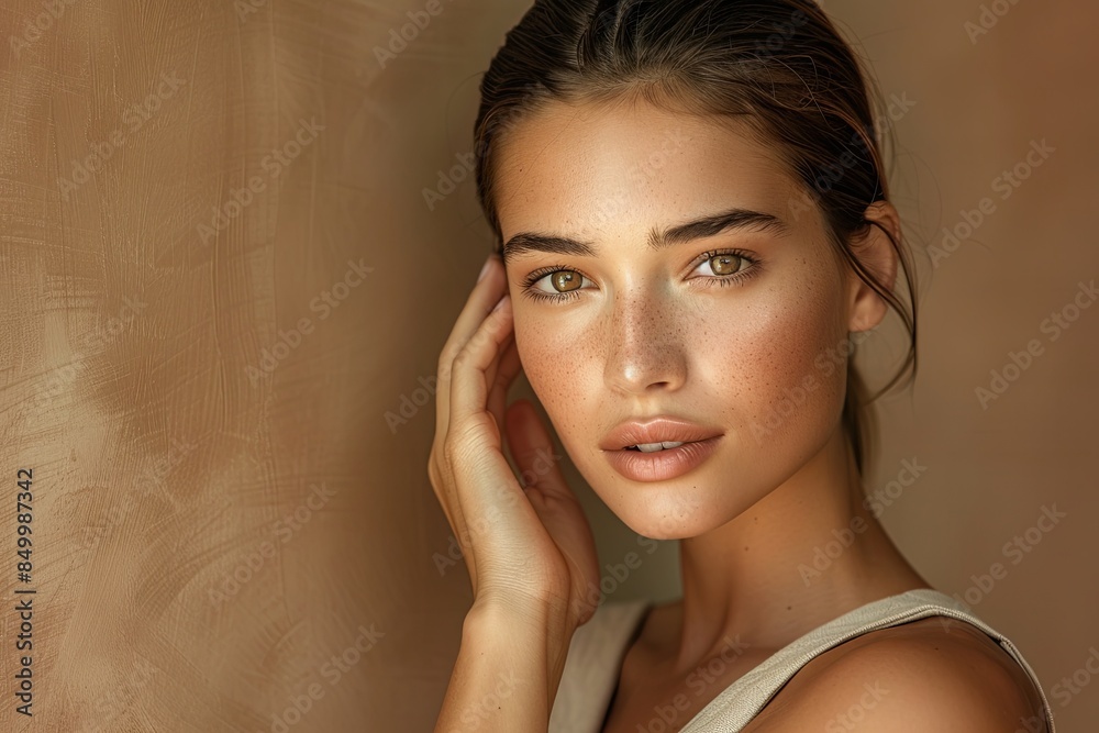 A beautiful woman with her hand touching the side of her face, wearing a light beige sleeveless top, posing for a beauty commercial in a studio setting against a brown background A beautiful woman with her hand touching the side of her face, wearing a light beige sleeveless top, posing for a beauty commercial in a studio setting against a brown background