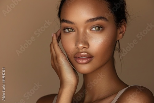 A beautiful woman with her hand touching the side of her face, wearing a light beige sleeveless top, posing for a beauty commercial in a studio setting against a brown background