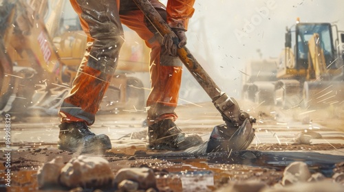 A worker using a jackhammer with visible vibrations shaking their body, illustrated in a hyper-realistic style, at a road construction site, emphasizing the impact of vibration on health.  photo