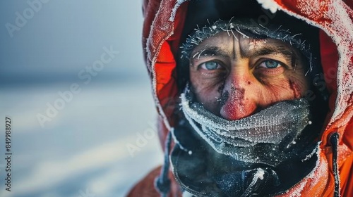 An outdoor worker shivering in heavy winter gear, with frostbite visible on their face, in an Arctic landscape, showcasing the dangers of extreme cold