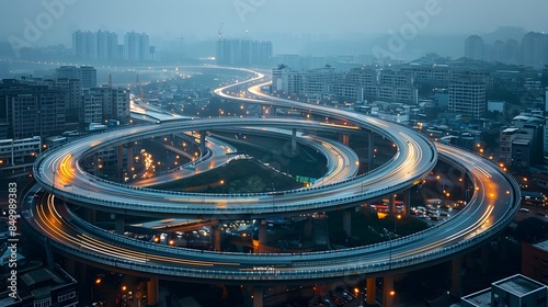 Winding Urban Highway Interchange with Illuminated Curving Bridges Crisscrossing Large Intersection at Night © Naput
