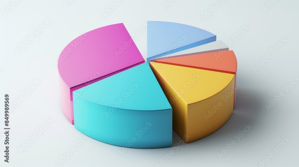 Bright and colorful 3D pie chart, white flat background, clean layout, clear text space for annotations, professional and sleek design Bright and colorful 3D pie chart, white flat background, clean layout, clear text space for annotations, professional and sleek design