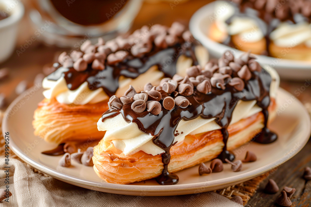 French Eclair with chocolate glaze and cream filling French Eclair with chocolate glaze and cream filling