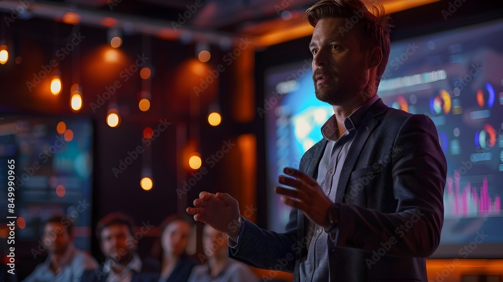 Entrepreneur Pitching Startup Idea to Investors in Dramatic Boardroom Setting Entrepreneur Pitching Startup Idea to Investors in Dramatic Boardroom Setting