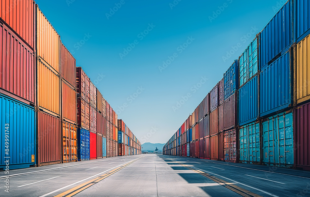 Fototapeta premium Container yard with a clear blue sky. Transportation Logistics concept