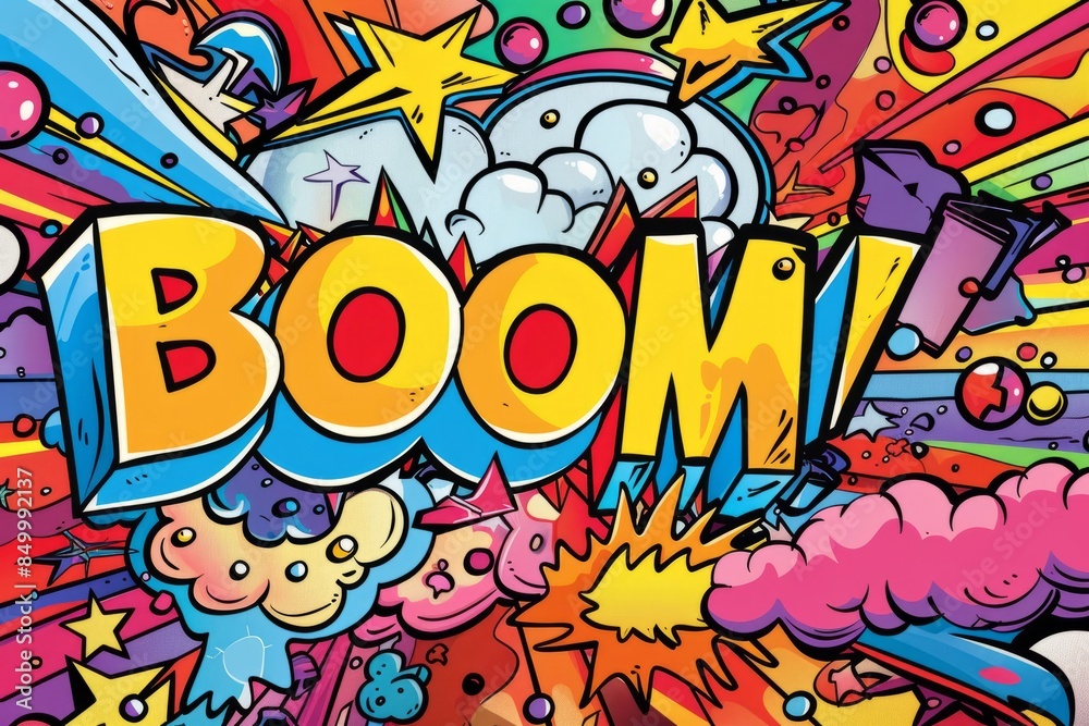 Cartoon cute doodles of a comic book explosion with BOOM! text, Generative AI Cartoon cute doodles of a comic book explosion with BOOM! text, Generative AI