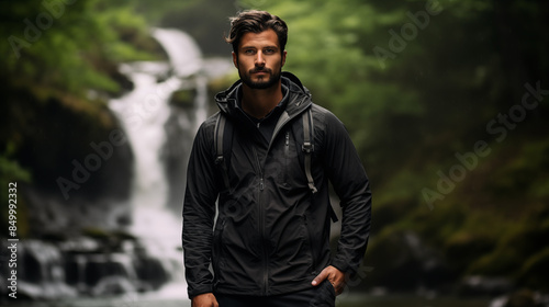 Man in Modern Black Softshell Jacket Posing Near Waterfall