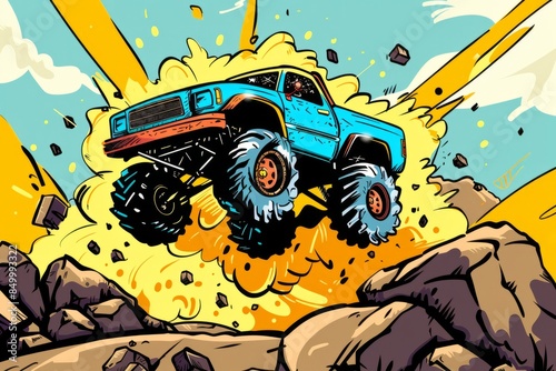 Cartoon cute doodles of a monster truck crushing obstacles, Generative AI