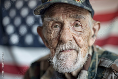 An elderly veteran stands in front of the American flag, representing sacrifice and service to the country. Suitable for Veteran's Day or Memorial Day.
