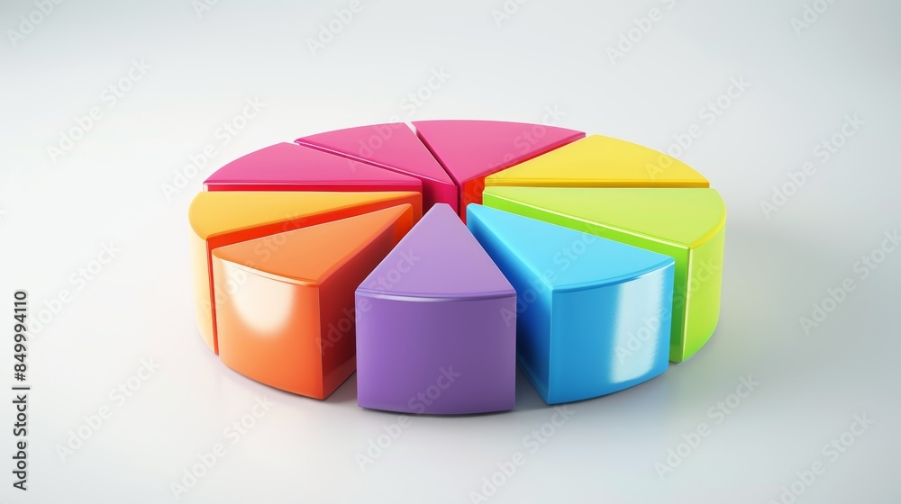 Obraz premium 3D pie chart with colorful segments, vibrant hues, white flat background, clean design, ample clear text space, professional tone, modern look