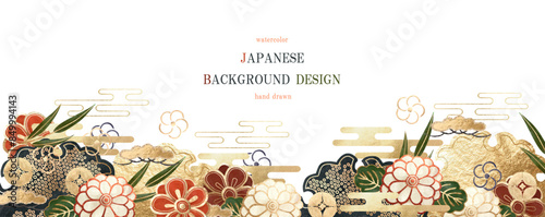 和柄, 花, 年賀状, お正月, ベクター, 梅, 梅の花, 背景, フレーム, 金色, 金箔, 金, 雲, 菊, 松, 植物, イラスト