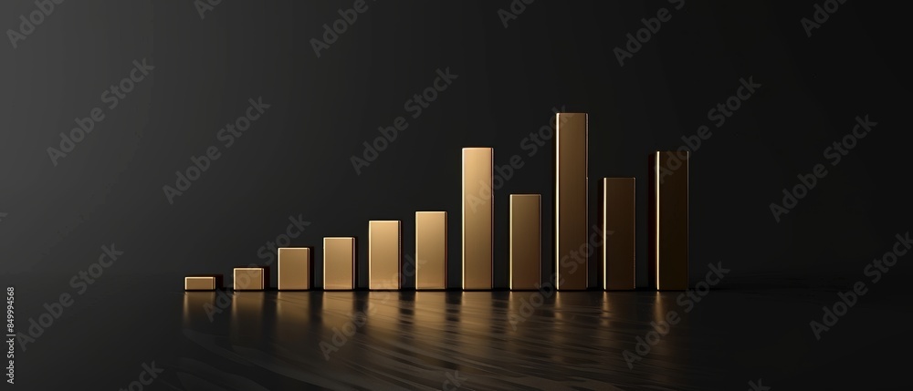 3D bar graph in gold with minimal shadow, flat black backdrop, sophisticated design, spacious text area for advertising, elegant and refined 3D bar graph in gold with minimal shadow, flat black backdrop, sophisticated design, spacious text area for advertising, elegant and refined