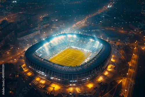 soccer stadium outside dron view, dramatic lights, 35mm Kodak photography, 8k, uhd 