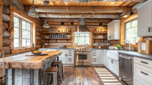 Rustic Kitchen with Exposed Log Walls and Farmhouse Island © dheograft