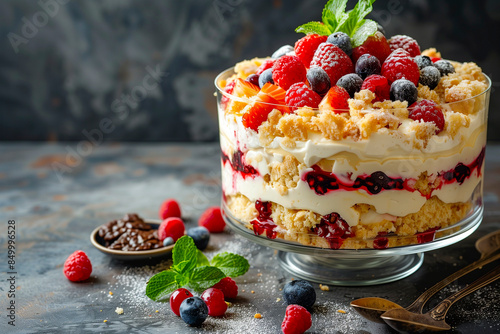English Trifle with layers of custard, fruit, and sponge cake