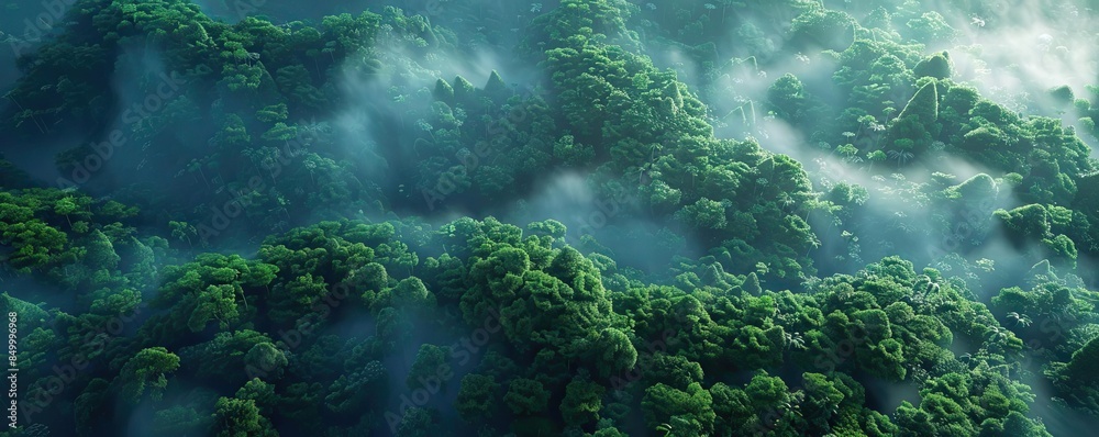 Aerial view of lush green forest covered in mist, creating a mystical and serene natural landscape. Aerial view of lush green forest covered in mist, creating a mystical and serene natural landscape.