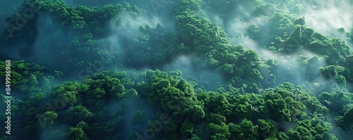 Aerial view of lush green forest covered in mist, creating a mystical and serene natural landscape.