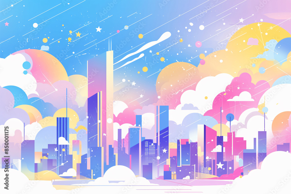 Fototapeta premium Colorful city skyline with clouds and stars for design, illustration, or fantasy