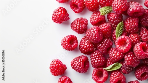 Raspberries fruit on white background with empty space