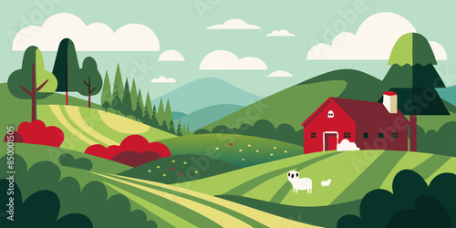 A beautiful landscape with a house nestled on the highest point. Tranquil scenery with a picturesque house situated on top.