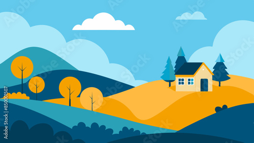 A beautiful landscape with a house nestled on the highest point. Tranquil scenery with a picturesque house situated on top.