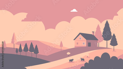 A beautiful landscape with a house nestled on the highest point. Tranquil scenery with a picturesque house situated on top.