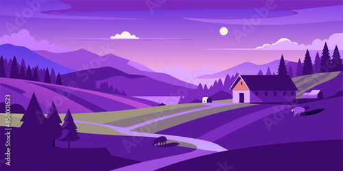 A beautiful landscape with a house nestled on the highest point. Tranquil scenery with a picturesque house situated on top.