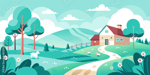 A beautiful landscape with a house nestled on the highest point. Tranquil scenery with a picturesque house situated on top.