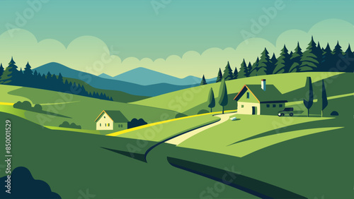 A beautiful landscape with a house nestled on the highest point. Tranquil scenery with a picturesque house situated on top.