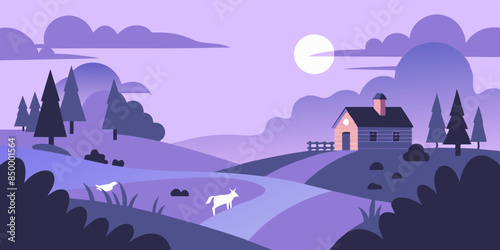 A beautiful landscape with a house nestled on the highest point. Tranquil scenery with a picturesque house situated on top.