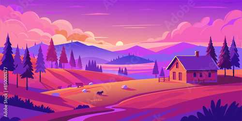 A beautiful landscape with a house nestled on the highest point. Tranquil scenery with a picturesque house situated on top.