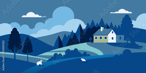 A beautiful landscape with a house nestled on the highest point. Tranquil scenery with a picturesque house situated on top.