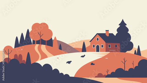A beautiful landscape with a house nestled on the highest point. Tranquil scenery with a picturesque house situated on top.