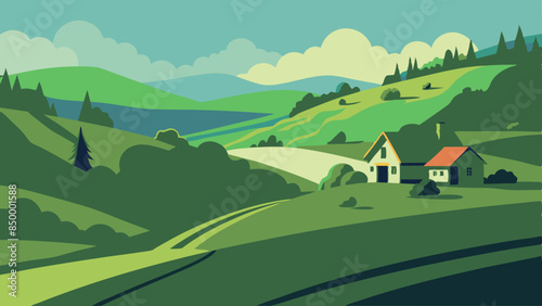 A beautiful landscape with a house nestled on the highest point. Tranquil scenery with a picturesque house situated on top.