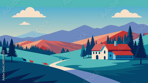 A beautiful landscape with a house nestled on the highest point. Tranquil scenery with a picturesque house situated on top.